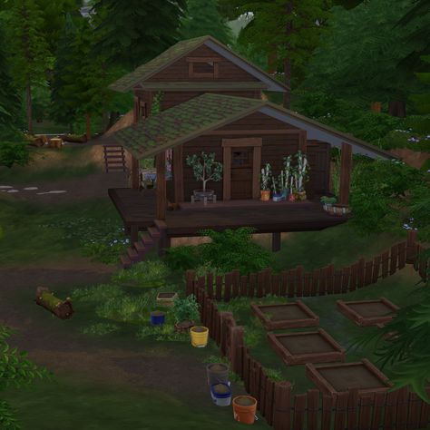 Forager's Cabin · Sims 4 Custom Lots Cabin Sims 4, Sims 4 Forest, Edge Of The Forest, Forest Cabin, Art Challenges, Sims Builds, Fire Pit Area, Outdoor Food, Small Cabin