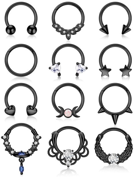 PRICES MAY VARY. ☆Thoughtful Design☆: septum ring gauge size: 16G, inner diameter: 10mm, reasonable size suitable for most people to wear.The septum ring has a variety of styles, including heart septum ring, moon septum ring, star septum ring，spike septum ring，and so on, fully meeting your dressing needs. ☆Multiple Uses☆:A set of 12 different styles of septum rings, which can not only be worn on the septum, but also on various piercing sites such as daith, tragus, cartilage, helix, and conch.You Horseshoe Nose Ring, Heart Daith, Conch Piercing Jewelry, Tragus Hoop, Septum Rings, Cute Star, Conch Piercing, Tragus, Conch