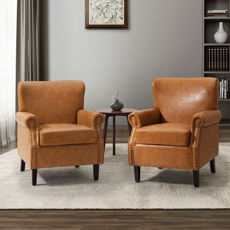 Levi Transitional Leather Armchair with Nailhead Trim Rolled Arms Set of 2 by HULALA HOME - On Sale - Bed Bath & Beyond - 36298019 Accent Chair Set, Traditional Sofa, Printed Chair, Leather Accent Chair, Chair Types, Arm Chairs Living Room, Leather Armchair, Living Room Seating, Nailhead Trim