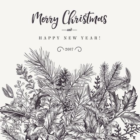 Vintage Mistletoe, Christmas Village Card, Christmas Plants, Winter Background, Christmas Card, Stock Vector, Vector Images, Plants, Christmas