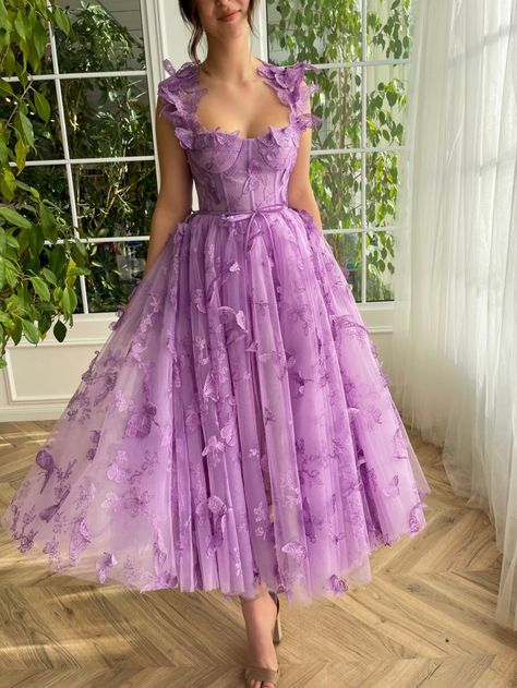 Tea Length Homecoming Dresses, Lace Beach Dress, Wedding Guest Dresses Long, Holiday Dresses Women, Formal Ball Gown, Skirt Purple, 3d Butterfly, Prom Designs, Tulle Prom Dress