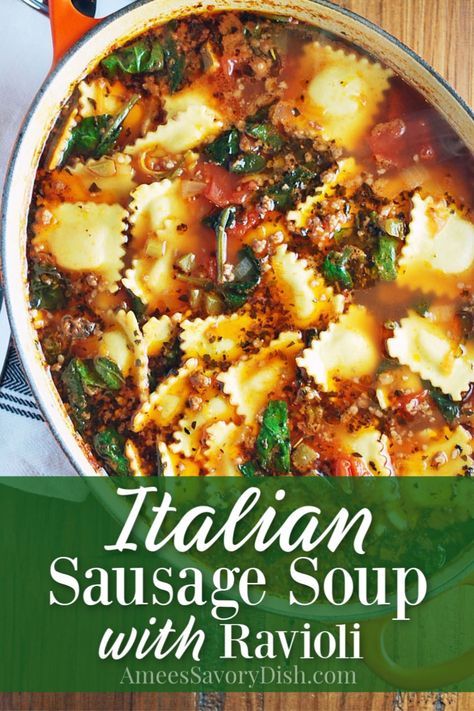 A hearty and delicious recipe for Italian Sausage Soup made with Italian sausage, fresh ravioli pasta, vegetables, and seasonings. I always have requests for this recipe when I serve it! Italian Ravioli Soup, Soups Using Italian Sausage, Sausage And Ravioli Soup, Italian Sausage Ravioli Soup, Best Italian Soup Recipes, Italian Sausage And Ravioli Recipes, Sausage Ravioli Soup, Soup With Ravioli, Sausage Ravioli Recipe