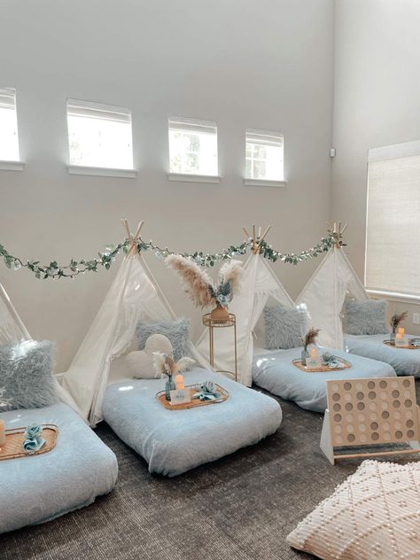 Blue & Boho Teepee Sleepover Birthday Party Ideas | Photo 5 of 8 | Catch My Party Sleepover Birthday Party Ideas, Birthday Teepee, Homemade Forts, Slumber Party Decorations, 12th Birthday Party Ideas, Fun Sleepover Activities, Boho Teepee, Teepee Sleepover, Teen Sleepover Ideas