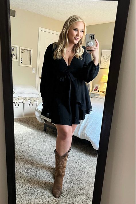 Black Dress With Cowgirl Boots, Black Concert Dress, Dress Western Boots, Nashville Outfits Fall, Black Dress With Boots, Western Wedding Guest Outfit, Country Concert Dress, Amazon Wedding Guest Dress, Dress With Cowgirl Boots