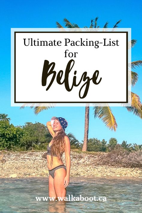 Girl standing in the water with a single palm tree in the back ground. She is holding on to her hat and smiling at the sun in a bikini! The article attached is a packing list for a trip to Belize What To Wear In Belize, What To Pack For Belize Vacation, Outfits For Belize, Belize Packing List, Belize Outfit Ideas, Belize Outfits, Belize Vacation Outfits, Mission Trip Packing, Central America Packing List