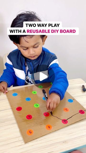 Ankita ~ Reeyansh' Mom 💕 on Instagram: "#save this DIY to try with your little one👇 Two way play with a reusable DIY board! These activities can help in: Number sequencing Colour & number learning Boosting hand eye coordination Finger grasping Language development What we need to make? Cardboard Dot stickers Black sketch pen Clear tape White board marker #letstalk about early childhood development ➡️Recommended age : 2.5y+ (Reeyansh is 3y+) 🔊If you like to watch more such activities do follow @reeyansh_ad LIKE | SHARE | SAVE #KidsBrainPower #braindevelopment #earlylearning #playbasedlearning #kidsactivities #IndoorActivities #CreativeKids #DIYKids #HomeLearning #ToddlerActivities" Number Sequence Activities, Small Group Activities For Toddlers, Fun Activities For Preschoolers, Language Development Activities, Number Learning, Board Marker, Toddler Math, Child Activities, Black Sketch