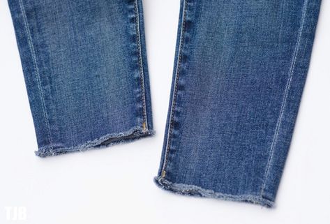 Denim DIY: How To Do Raw Frayed Hem Jeans - The Jeans Blog Raw Edge Jeans Diy, Raw Hem Jeans Diy, Frayed Jeans Diy, Making Jean Shorts, How To Make Jeans, Ragged Jeans, Clothes Hacks, Jeans Trend, Fringe Jeans