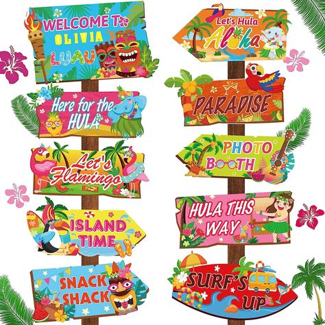 【Eye-Catching Hawaii Party Decorations】You will receive 20 pieces of luau party decoration signs, 4 letter stickers, wooden stick and dot glue, with 10 different slogan include "WELCOME TO OLIVIA'S LUAU""Let's Hula Aloha""Let's Flamingo""ISLAND TIME""HULA THIS WAY" and etc. What a exquisite welcome sign of your front door! Hawian Party, Hawaii Party Decorations, Tropisk Fest, Hawaiian Baby Showers, Pool Party Supplies, Luau Ideas, Hawaiian Party Theme, Luau Party Supplies, Luau Party Decorations