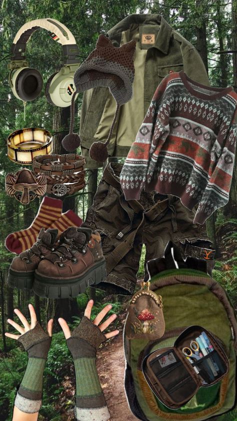 #forestvibes #goblincore #fashionboard #grandpasweater Goblincore Style Guide, Goblin Aesthetic Outfits, Cute Goblin Core Outfits, Woodland Clothing Aesthetic, Goblincore Flannel, Overalls Outfit Goblincore, Goblincore Masculine, Soft Goblincore Outfits, Goblin Core Shoes