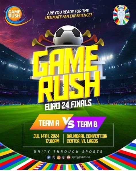 Happening in Lagos Today: Spain 🇪🇸 vs England 🏴󠁧󠁢󠁥󠁮󠁧󠁿- who will lift the Euro 2024 trophy Attend 🌟 GameRush Presents EURO2024 Finals Viewing Party! 🌟 📅 Date: July 14th, 2024 🕔 Time: 17:00 PM 📍 Venue: Balmoral Convention Center, VI, Lagos Join us for an epic evening of football fever and entertainment! Watch the thrilling EURO2024 finals live on our big screens. After the match, enjoy an electrifying party featuring your favorite artist! 🎉🎶 Experience giveaways, exciting games, delicious f... Football Fever, July 14th, Viewing Party, Favorite Artist, Convention Center, Watch Live, Convention Centre, Big Screen, Football