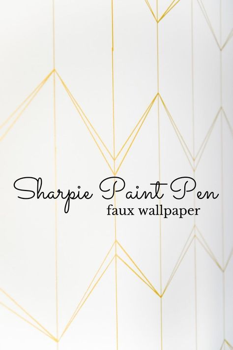 Faux Wallpaper Paint Sponge, Gold Wall Accents, Paint Faux Wallpaper, Sharpie Wallpaper Diy, Diy Faux Wallpaper Accent Wall, Gold Sharpie Wall, Paint Pen Wall Design, Gold Stencil Accent Wall, White And Gold Accent Wall