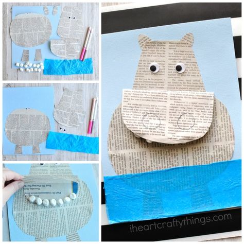 How to make a newspaper hippopotamus craft kids will love. Fun hippo craft for kids and animal craft using recyclable materials. Hippopotamus Craft, Hippo Craft, Hippo Crafts, Upcycled Books Crafts, Reading Week, Recycling For Kids, Zoo Art, Farm Animals Theme, Kids Book Club