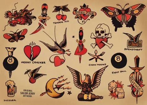 Traditional Tattoo Meanings, Tatoo Dog, Sailor Jerry Flash, Sailor Jerry Tattoo Flash, Sailor Tattoos, Sailor Tattoo, Art Flash, Sailor Jerry Tattoos, Tattoo Meanings