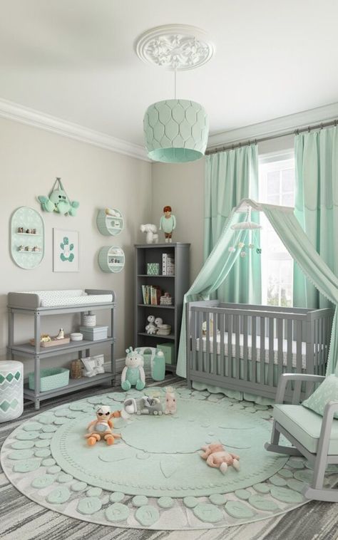 Gender-Neutral Nursery Ideas - Home with Ava Mint Nursery Neutral, Nursery Ideas Colors, Seafoam Nursery, Green Baby Boy Nursery, Nursery Colour Scheme, Green Baby Nursery, Mint Green Nursery, Turquoise Nursery, Nursery Color Scheme