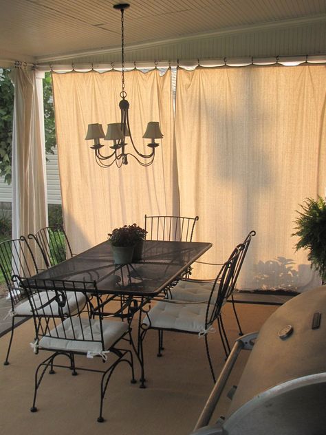 Porch Curtains, Patio Curtains, Enclosed Patio, Curtain Ideas, Pergola Patio, Outdoor Curtains, Deck Ideas, Drop Cloth, Diy Curtains