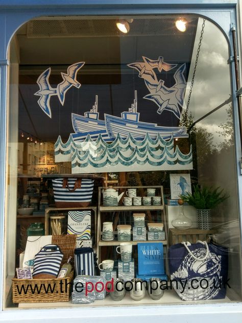 Beachy Window Display, Nautical Window Display, Beach Window Display, Nautical Window, Summer Window Display, Seaside Shops, Bookstore Design, Retail Ideas, Window Display Retail