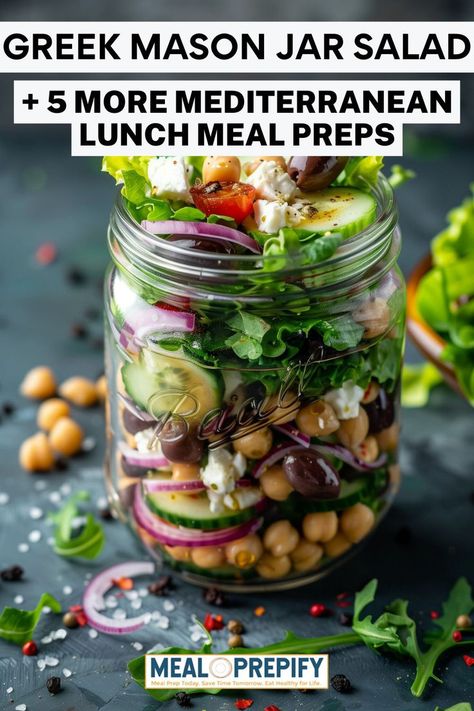 A colorful Greek mason jar salad featuring fresh vegetables and chickpeas for convenient Mediterranean Lunch Meal Preps. Greek Salad Mason Jar Recipe, Meteranian Salad Recipes, Greek Salad In A Jar, Greek Mason Jar Salad, Mediterranean Diet Recipes Breakfast Lunches, Salad Prep For The Week Lunches, Salads In A Jar Recipes, Easy Mediterranean Lunch, Mediterranean Diet Meal Prep