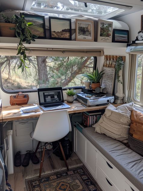 47 Remote Working RV Setup Inspo – TastyInteriors Rv Art Studio, Camper Office Ideas, Class C Rv Decorating Ideas, Rv Office Space Ideas, Rv Decorating Ideas, Rv Interior Remodel, Caravan Decor, Tiny House Camper, Van House