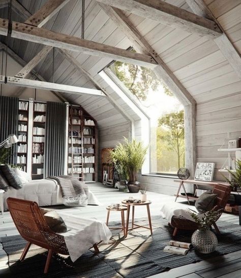 Home Library Design Ideas, Industrial Bedroom Design, Master Suite Bedroom, Attic Bedrooms, Home Library Design, Hygge Home, Attic Bedroom, Perfect Bedroom, Design Del Prodotto