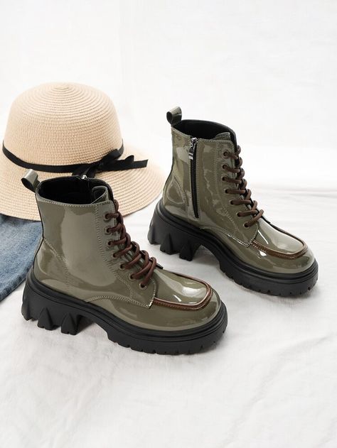 Free Returns ✓ Free Shipping On Orders $49+ ✓. Lace-up Front Zipper Side Combat Boots- Women Fashion Boots at SHEIN. Green Boots Outfit, Army Boots, Green Boots, Womens Combat Boots, Boots Women Fashion, Technical Analysis, Designer Boots, Club Outfits, Boots Outfit