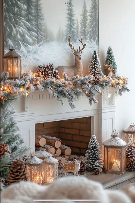 Xmas Sleigh Decorations, Fireplace With Candles Ideas, White Christmas Mantel Decorating Ideas, Corner Mantel Decorating Ideas, Diy Modern Christmas Decor, Holiday Christmas Decor, Fireplace Christmas Ideas, Fireplace Ideas Christmas, Fireplace Christmas Decor Ideas