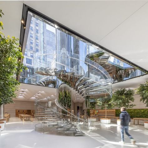 Apple's Fifth Avenue flagship reopens with famed glass cube and new public plaza | 6sqft Apple Store Design, 5th Avenue New York, British Architecture, New Staircase, Foster Partners, Lift Design, Glass Cube, Sustainable Future, Nova York