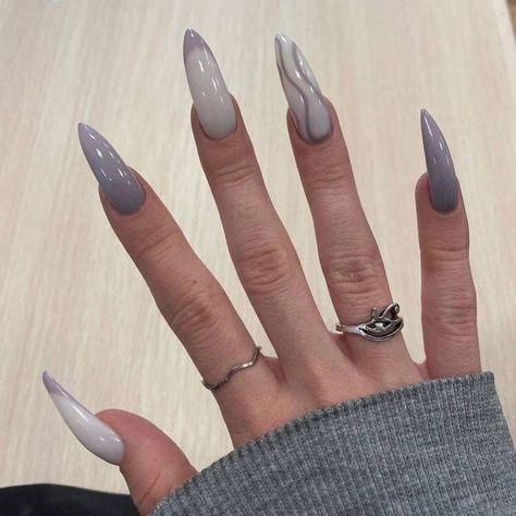 Pale Nails, Long Almond Nails, Grey Nails, Long Almond, Hippie Nails, Punk Nails, Goth Nails, Grunge Nails, Gray Nails