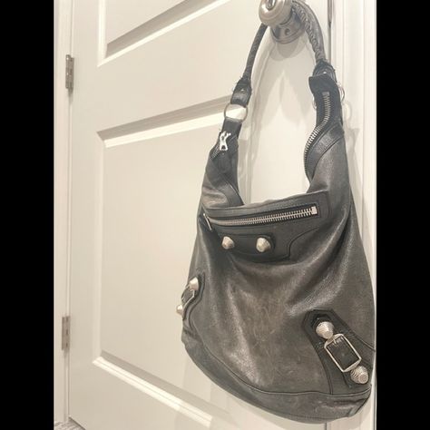 BALENCIAGA Hobo Bag, Black leather w/Silver detail Balenciaga Classic City Bag, Balenciaga Purse, Balenciaga Classic City, Closed Toe Wedges, Silk Crop Top, Balenciaga Handbags, Nicky Hilton, Studded Bag, Balenciaga Black