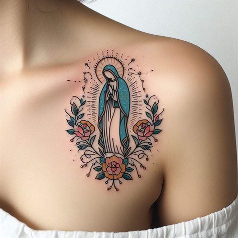 Sacred Heart Tattoos Women, Mexican Mom Tattoo, Mexican Virgin Mary Tattoo, Rose Mary Tattoo, Our Lady Guadalupe Tattoo, Mexico Flag Tattoo For Women, Mexican Feminine Tattoo, San Jose Tattoos, Virgin Mary Outline Tattoo