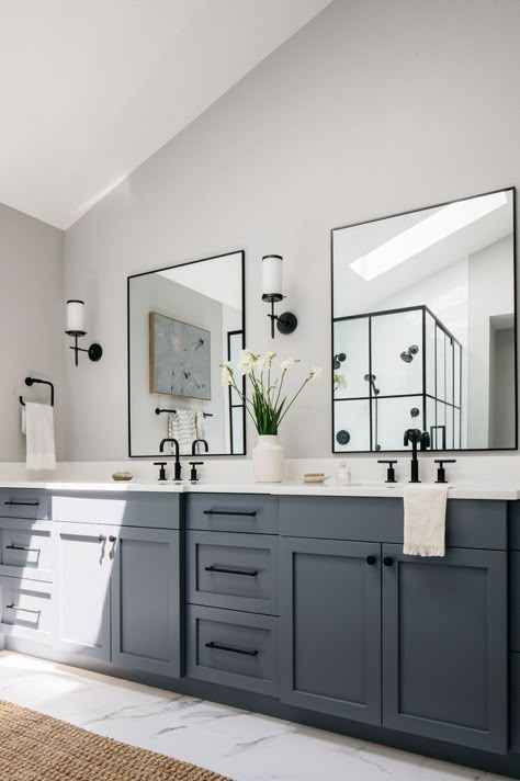 Farmhouse Bathroom Ideas Black And White, Bathroom Black Hardware Ideas, Black And Grey Master Bath, Gray Cabinet Black Hardware Bathroom, Black Finishes In Bathroom, Master Bath Black Accents, Grey Bathroom Cabinets Black Hardware, Narrow Main Bathroom, Dark Fixtures Bathroom