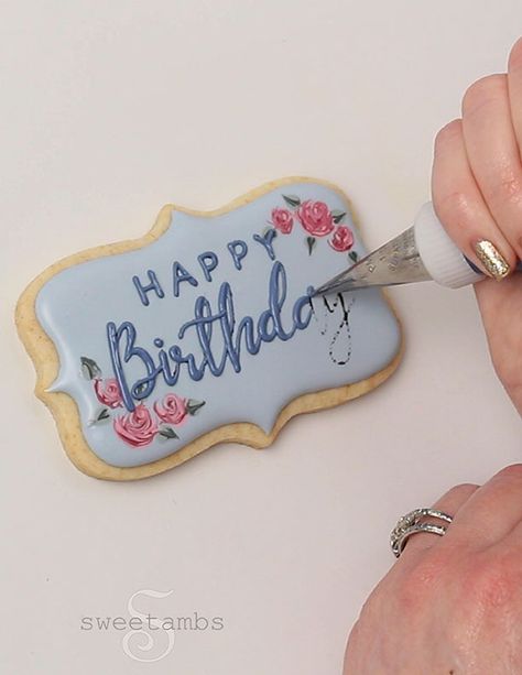 How To Do Lettering On Cookies, Happy Birthday Royal Icing Transfer, Writing On Cookies Without Projector, Happy Birthday Icing Writing, Cookie Lettering Royal Icing, How To Write On Cookies, How To Write On Sugar Cookies, Royal Icing Lettering, How To Decorate Cookies