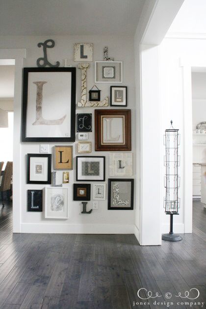 Emily from JDC's Wall of L's. Love this idea for a gallery wall theme! And super love the white walls and greyed down hardwood flooring. Gallery Wall Themes, Walls Ideas, Small Wall Decor, Initial Wall, White Wall Decor, Grey Wall, Monogram Wall, White Rooms, Small Wall