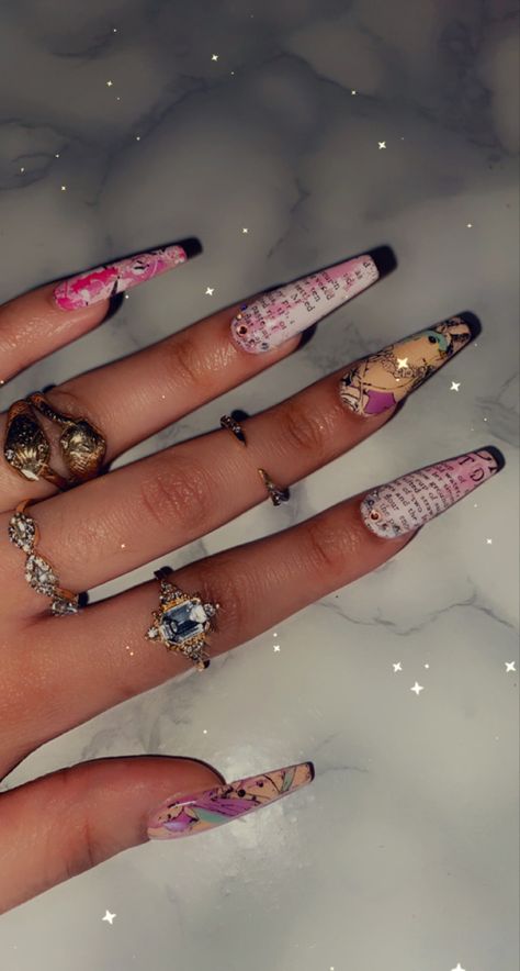 Pink newspaper print nails with accents of blue and Swarovski Crystals around the bottom of the nail Pink Newspaper, Newspaper Nail Art, Parallel Realities, Newspaper Nails, Newspaper Print, Benidorm, Dope Nails, Spring Nails, Art Designs