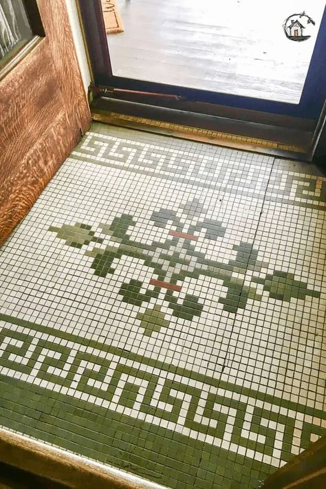 Modern Cross Stitch Patterns Free, Tile Floor Patterns, Victorian Mosaic Tile, Mission Style Homes, Entryway Tile, Bloomington Illinois, Victorian Floor Tiles, Victorian Floor, Penny Tile