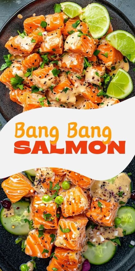 Bang Bang Salmon Ingredients: Salmon Bites: 1 ½ pounds salmon fillets (skin removed, cut into bite-sized pieces) 1 tablespoon olive oil 1 teaspoon garlic powder 1 teaspoon onion powder 1 teaspoon smoked paprika ½ teaspoon salt ½ teaspoon black pepper ¼ teaspoon cayenne pepper (optional, for extra heat) Bang Bang Sauce: ½ cup mayonnaise ¼ cup Thai sweet chili sauce 1 tablespoon sriracha sauce (adjust to taste) 1 tablespoon honey 1 tablespoon lime juice #BangBang #Salmon Recipes Using Smoked Salmon, Bang Bang Salmon, Sriracha Salmon, Bang Bang Sauce, Salmon Bites, Sriracha Sauce, Salmon Recipe, Sweet Chili Sauce, Cayenne Pepper