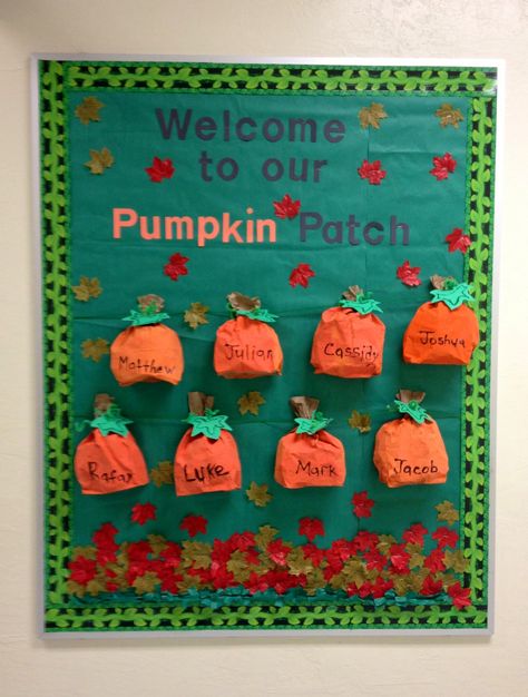 Welcome to our pumpkin patch. Fall bulletin board Fall Pumpkin Bulletin Board Ideas, Fall Bulletin Boards For Daycare Infants, Fall Themed Bulletin Boards, October Bulletin Board Ideas, Fall Bulletin Board Ideas, Welcome To Our Pumpkin Patch, October Bulletin Boards, Halloween Diy Door, Welcome To Our Patch