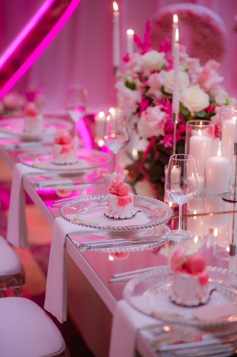 ''Barbies, parties, and fashion – I’ll take everything in baby pink, please.'' Elegant Barbie Party, Barbie Debut Theme, Classy Barbie Party, Barbie Party Setup, Barbie Party Ideas For Adults, Pink Glam Birthday Party, Barbie Core Wedding, Barbie Dinner Party, Barbie Tablescape