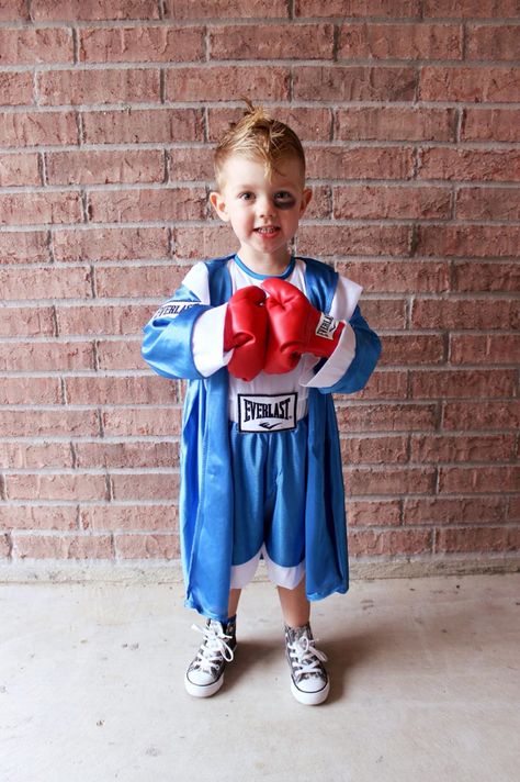 Kid boxer costume Halloween  Toddler costume Children costume idea Olympic Dress Up Ideas Kids, Cute Boxer Halloween Costume, Sports Fancy Dress Costumes, Diy Boxers, Bob Haircuts For Curly Hair, Athlete Costume, Boxer Outfit, Boxer Halloween, Olympics Costume