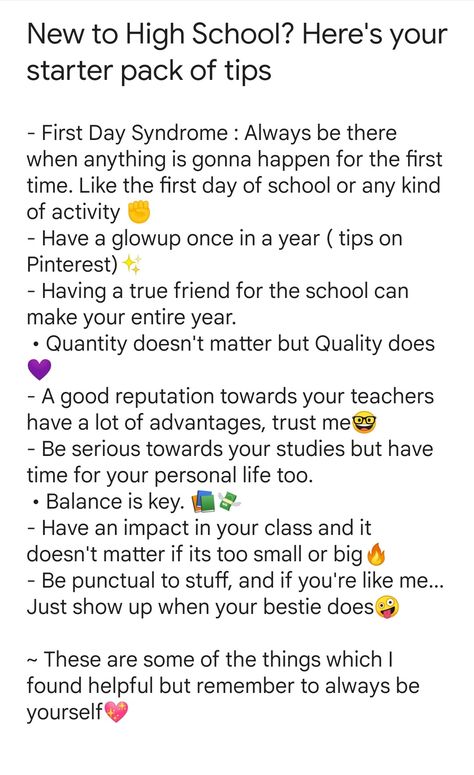 Tips For First Day Of High School, Freshmen Tips High School, Hs Tips, School Starter Pack, Teenage Tips, Highschool Tips, High School Essentials, High School Help, Middle School Essentials