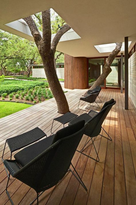 The clients insisted that none of the trees on the property be disturbed, so Kevin Alter and his team at Alterstudio Architecture built a deck and an overhang around two of them. Design Per Patio, Wooden Deck, Design Del Prodotto, Building A Deck, Design Exterior, Outdoor Deck, Modern Homes, Outdoor Design, Patio Ideas