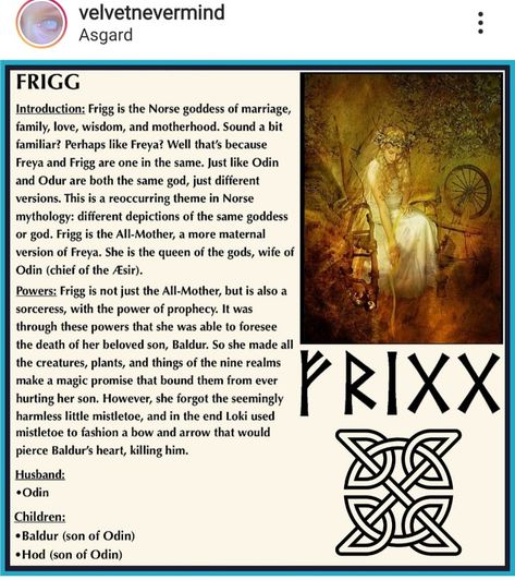 Norse Pagan Gods And Goddesses, Frigga Goddess, Seidr Magic, Norse Goddess Frigg, Goddess Frigg, Norse Magic, North Mythology, Viking Facts, Odin Norse Mythology