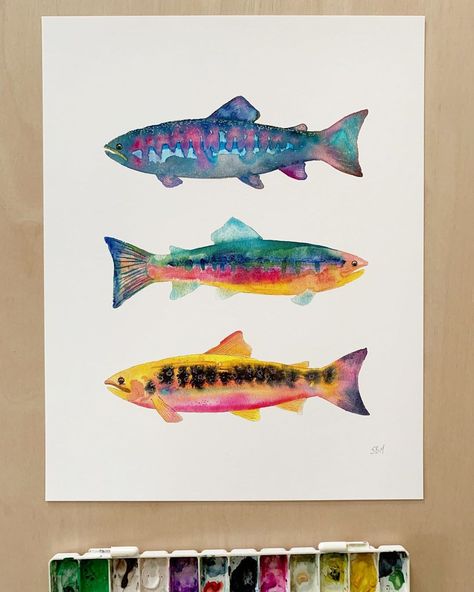 Instagram post by Sarah Martinez • Jan 14, 2020 at 11:45pm UTC Fish Watercolor, 3 Fish, Watercolor Fish, Watercolor Ocean, Watercolor Paintings Easy, Ocean Painting, Fish Painting, Colorful Fish, Coastal Wall Art