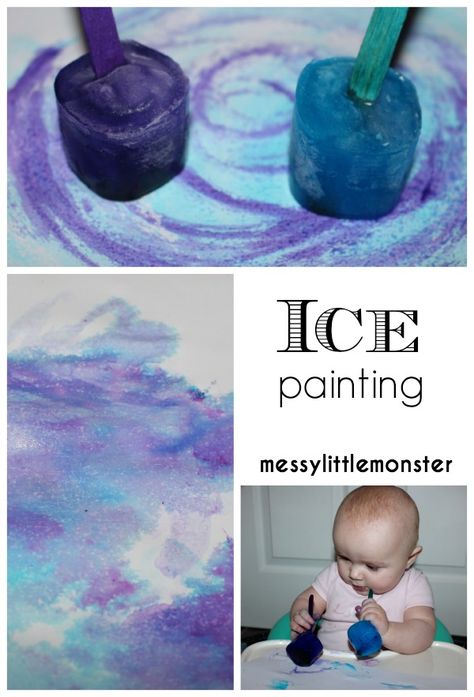 Ice painting thats taste safe for babies toddlers and preschoolers. A perfect process art technique for a winter topic. Ice Painting, Infant Classroom, Winter Preschool, Daycare Crafts, Toddler Art, Toddler Fun, Baby Sensory, Reggio Emilia, Learning Colors