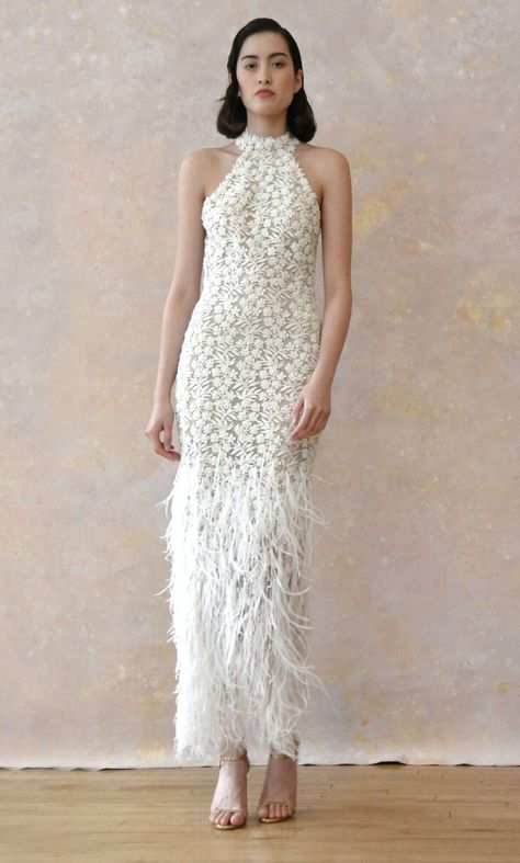 ines-di-santo-sheath-feather-wedding-dress-0422 Wedding Dress With Feathers, Feather Wedding, Bridal Fashion Week, Wedding Dress Trends, New Wedding Dresses, Feather Dress, 2023 Collection, Reception Dress, Casual Wedding