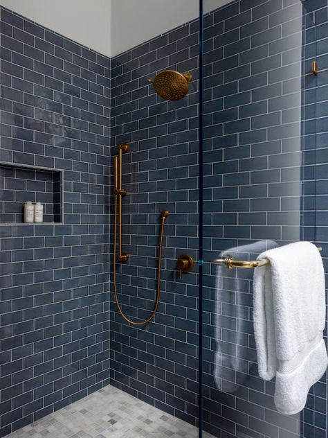 Navy Blue Tiled Bathroom, Blue Subway Tile Bathroom Ideas, Navy Shower Tile Ideas, Dark Blue Tile Shower Ideas, Navy Blue Subway Tile Bathroom, Navy Subway Tile Bathroom, Navy Tile Shower Ideas, Navy Blue Shower Tile Ideas, Blue Tile Shower Bathroom