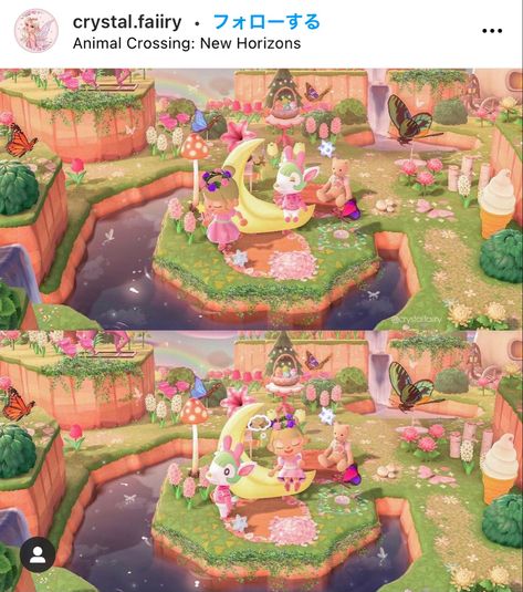 Acnh Campsite Designs Fairycore, Acnh Fairycore Shopping District, Fairycore Museum Acnh, Kawaii Island Acnh, Fairycore Animal Crossing Build Ideas, Fairy Garden Acnh, Acnh Aesthetic Island, Fairy Island Animal Crossing, Animal Crossing Fairycore Codes