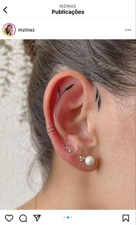 Behind Ear Fine Line Tattoo, Upper Ear Tattoo, Libra Ear Tattoo, Fine Line Back Of Neck Tattoo, Ear Fine Line Tattoo, Fine Line Ear Tattoos, Minimalist Ear Tattoo, Hearing Aid Tattoo, Ear Line Tattoo