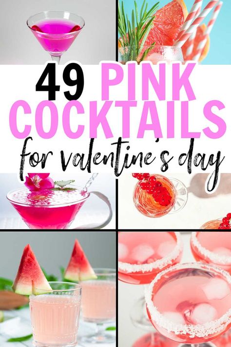 Pink cocktails for Valentine's Day. If you love alcoholic pink drinks then you will love these 42 pink drink recipes including pin gin cocktails, pink cocktails with vodka" Pink Colada Cocktail, Pink Drink Alcohol Recipe, Pink Tropical Cocktails, Spa Day Drinks Alcohol, Light Pink Cocktails, Bright Pink Cocktail, Pink Cocktails Aesthetic, Easy Pink Alcoholic Drinks, Hot Pink Drink