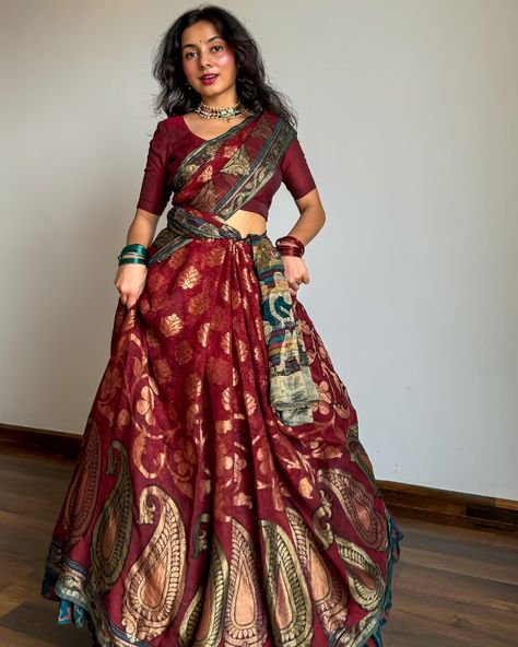 Janmashtami Special | Saree pose ideas for Janmashtami 🪈🦚🦢 ✨ How to pose in a saree ✨ Pure silk saree of the day- is a khaddi Georgette banarasi in maroon base, layered with intricate hand kadhua weaving throughout the body. Paired the saree with cancan and ghagra/long skirt in contrasting shades. #fyp #explore #iwearhandloom #handloomlove #puresilksaree #sareeindia #sareeinfluencer #janmashtamispecial #krishnajanmashtami #gopidress #howtopose #sareeposes #archeedrapes Saree Pose Ideas, Saree Pose, Janmashtami Special, Saree Poses, Krishna Janmashtami, Pure Silk Saree, How To Pose, Pose Ideas, Pure Silk Sarees