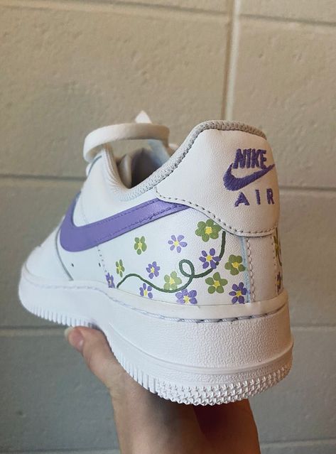 Custom painted lavender Nike Air Force 1s with flowers and vines Painted Shoes Diy, Iconic Shoes, Custom Shoes Diy, Nike Air Force 1s, Painted Sneakers, Air Force 1s, Preppy Shoes, Custom Air Force 1, Baskets Nike